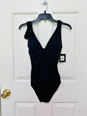 ELLEN TRACY BLACK RUCHED BODICE BOW SHOULDER WAFFLE V-NECK SWIMSUIT SIZE 8 $98